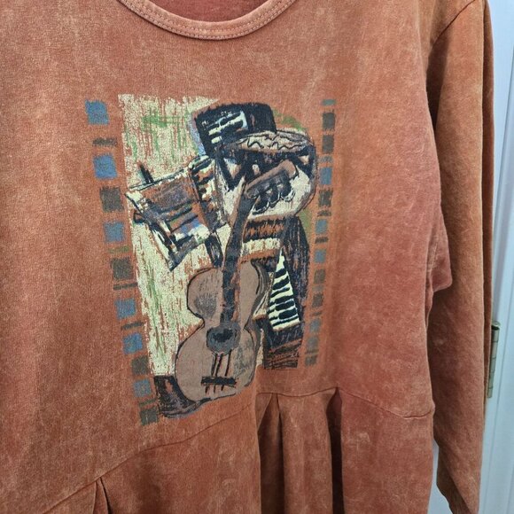 Vintage 90s Maxi Dress Rust Orange Pleated Long Sleeve Abstract Music Guitar - Picture 7 of 10